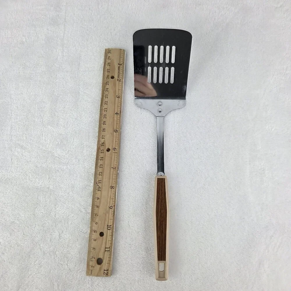 Vintage Japan Stainless Steel Slotted Spatula Turner MCM Plastic Almond Handle